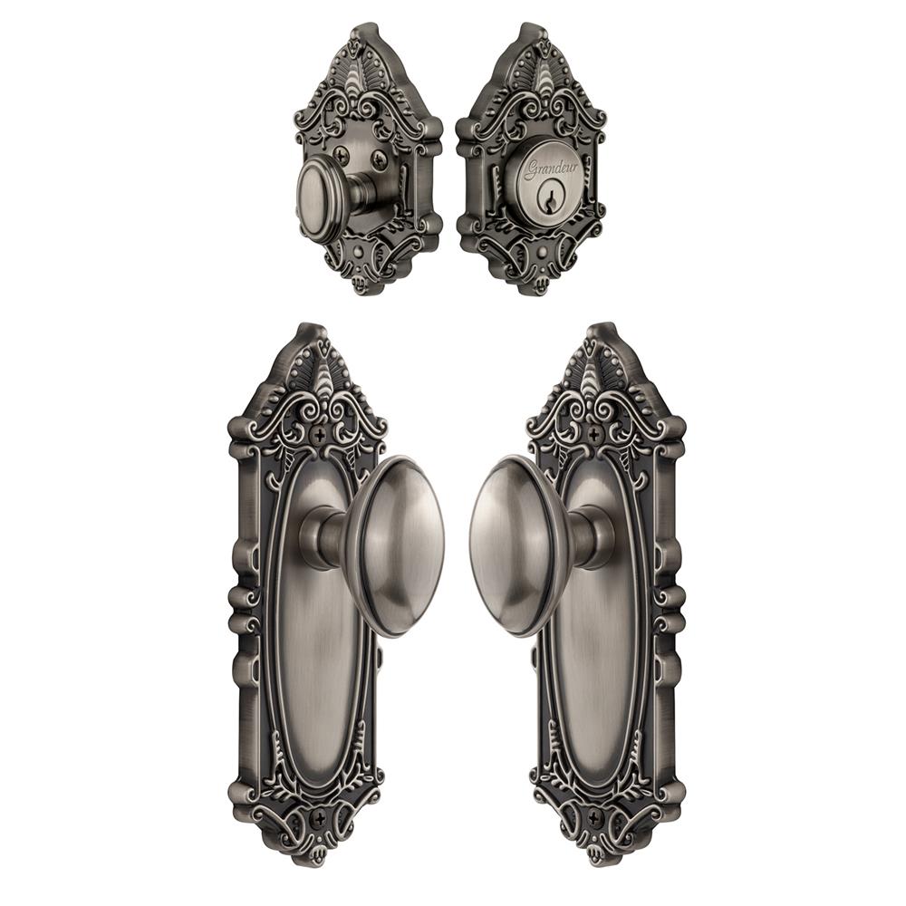 Grandeur by Nostalgic Warehouse Single Cylinder Combo Pack Keyed Differently - Grande Victorian Plate with Eden Prairie Knob and Matching Deadbolt in Antique Pewter
